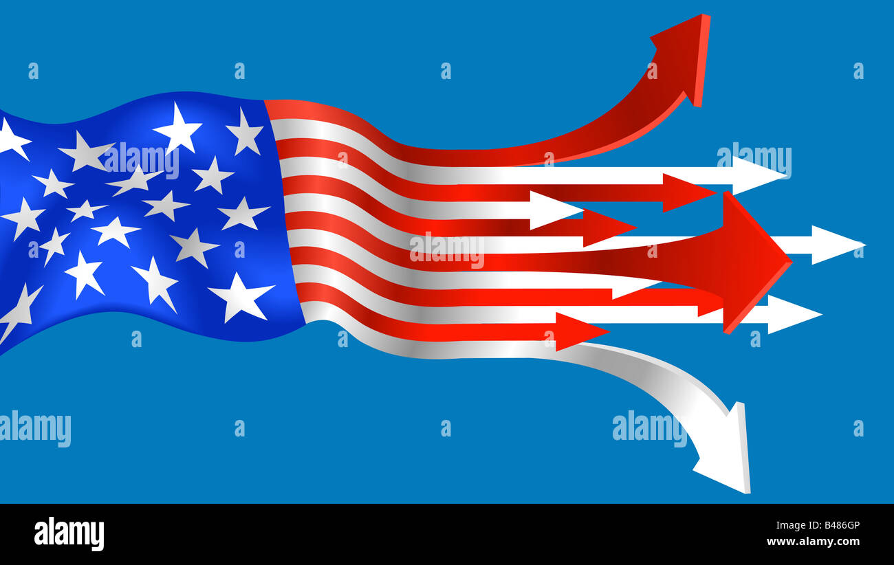 Illustration of American flag with arrows pointing out on blue background Stock Photo