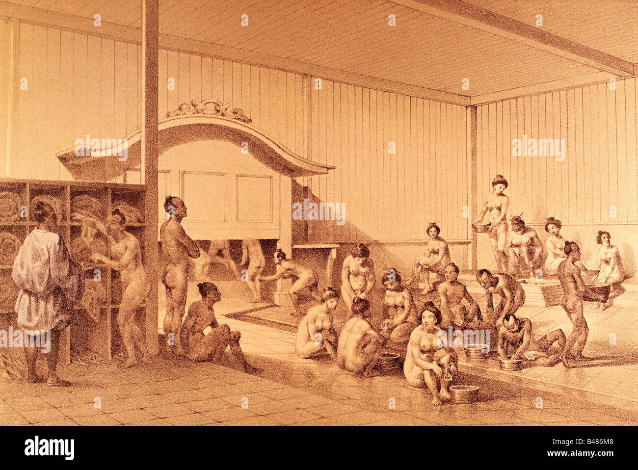 geography / travel, Japan, people, baths, middle of 19th century, lithograph by W. Heine, mixed bath, bath house, bathing, men, women, leisure time, Asia, historic, historical, Stock Photo