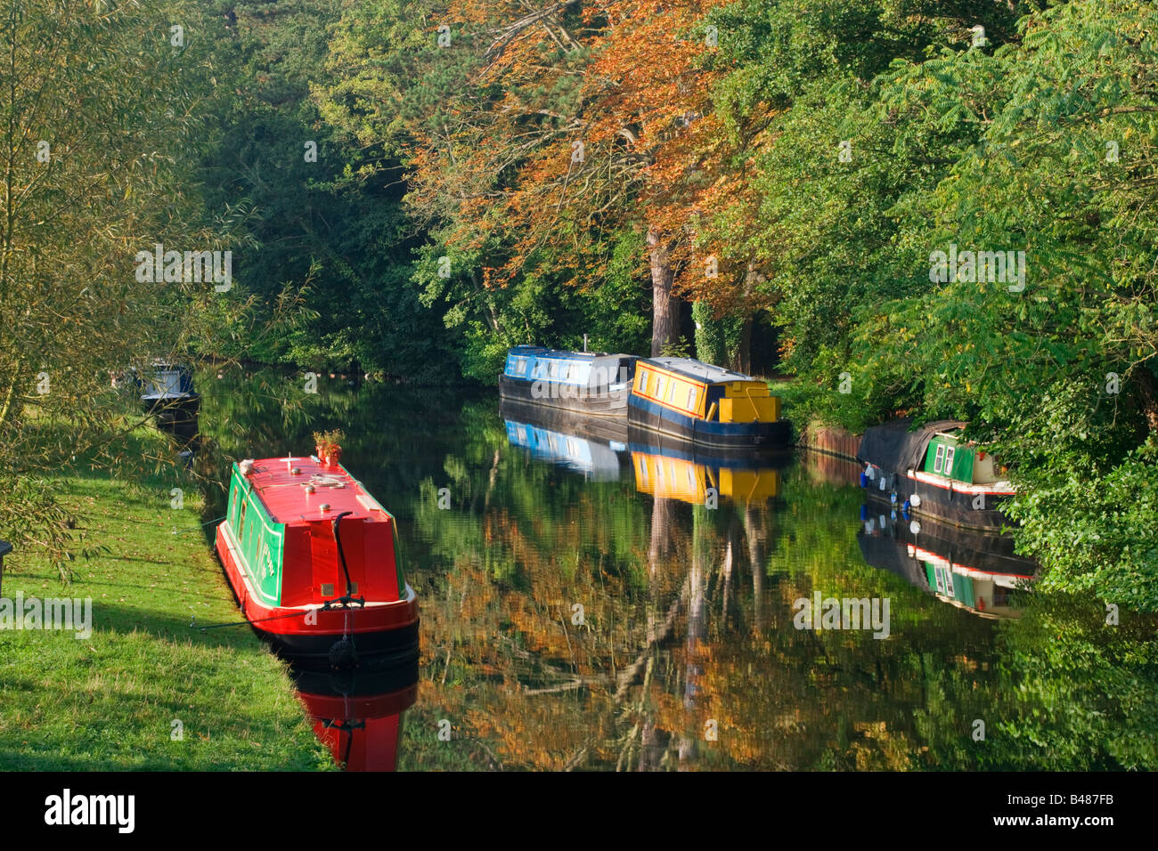 Longboats on River Wey Navigation at Send, Surrey, UK. Stock Photo