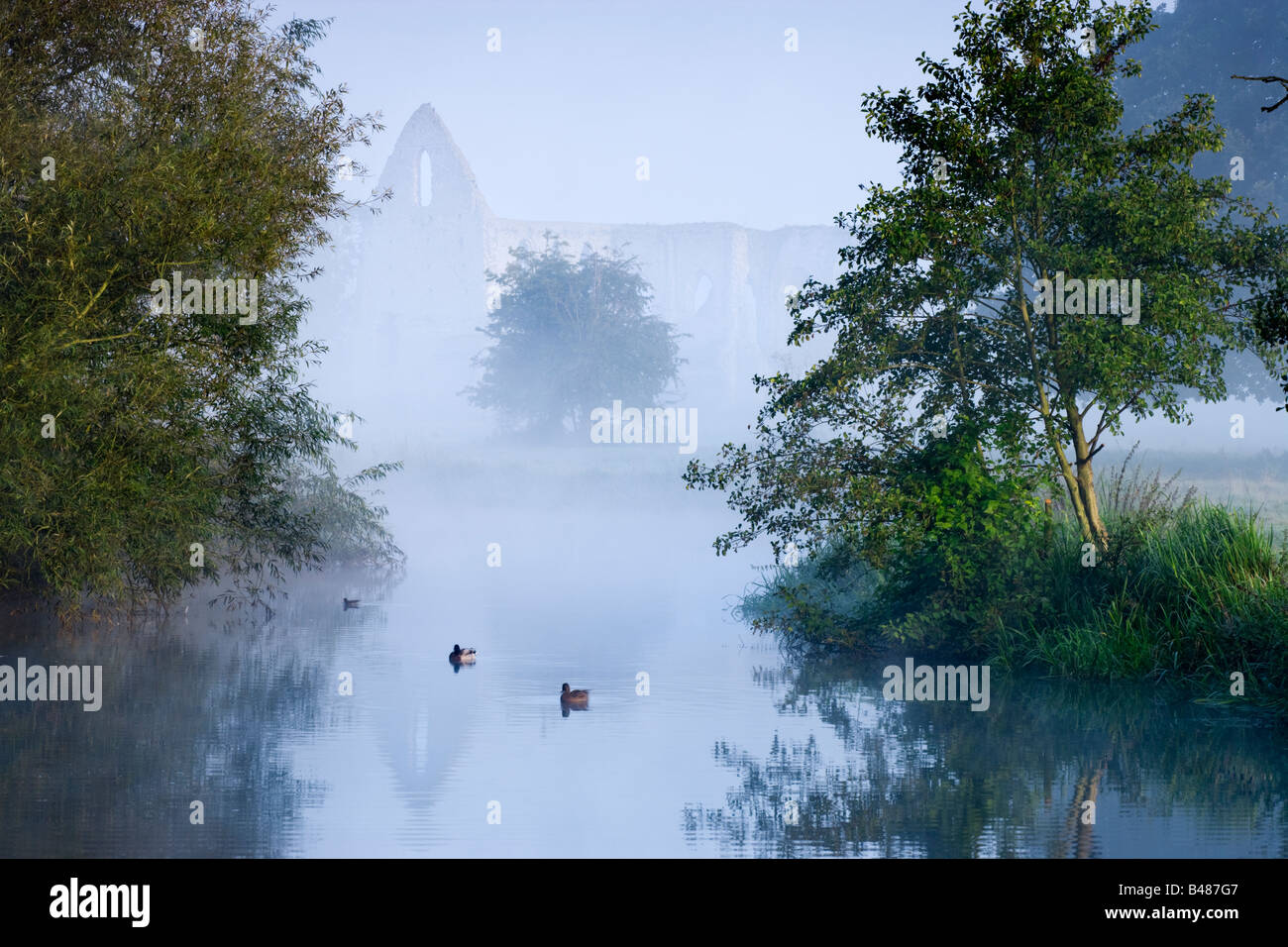 Newark Priory and River Wey, Pyrford, Surrey, UK. Misty dawn in early autumn. Stock Photo