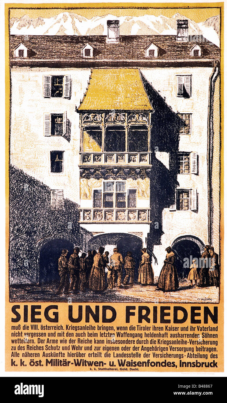 events, First World War / WWI, Austria, advertisement of the Austrian funds for widows and orphans for the 8th war bond, Innsbruck, June 1918, Stock Photo
