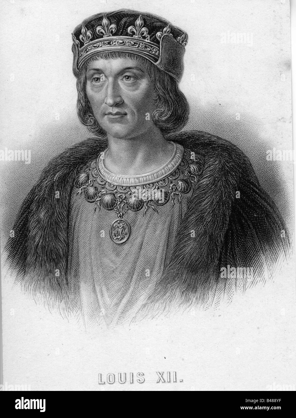 Louis XII, 27.6.1462 - 1.1.1515, King of France 7.4.1498 - 1.1.1515, portrait, engraving, 19th century, Valois, Duke of Orleans, Duke of Milan 1499 - 1512, King Luigi IV of Naples 1501 - 1503, Italy, 16th century, , Artist's Copyright has not to be cleared Stock Photo