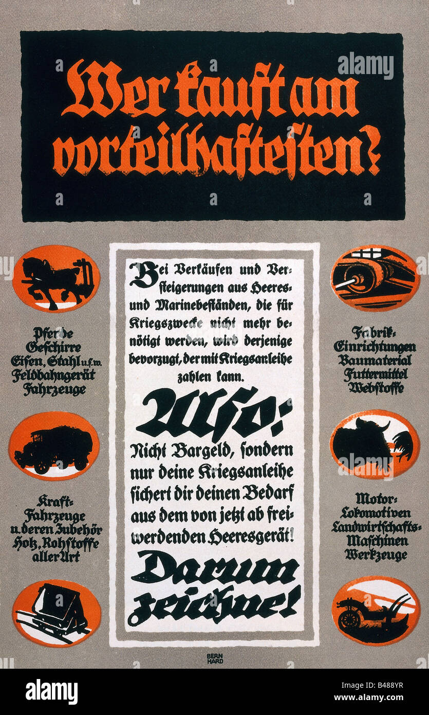 events, First World War / WWI, propaganda, advertisement for the 9th war bond, draft by Lucian Bernhard, Germany, September 1918, Stock Photo