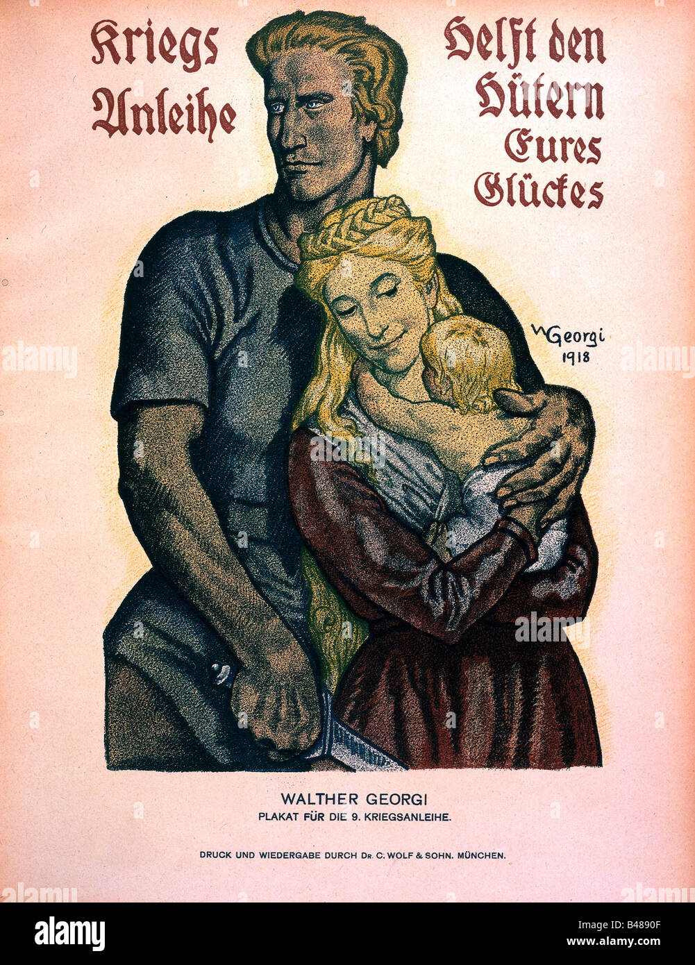 events, First World War / WWI, propaganda, poster 'Helft den Huetern Eures Glueckes' (War bond - Help the keepers of your happyness), by Walther Georgi, Germany, 1918, Stock Photo
