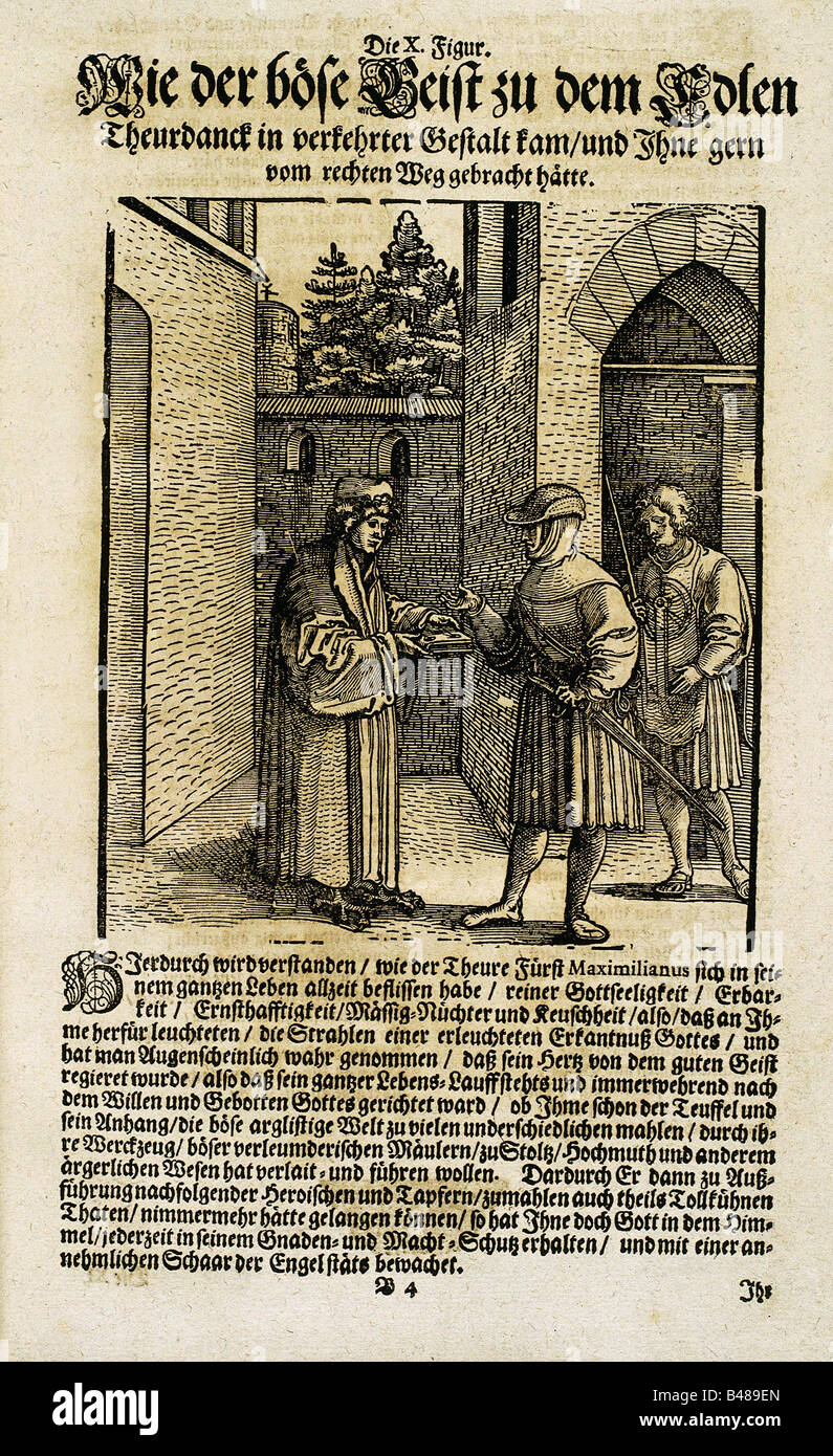 literature, 'Theuerdank', by emperor Maximilian I, edited by Melchior Pfitzing, 1517, woodcut, illustration, scene, reprint, courtly poetry, knight errant, medieval chivalric romance literature, novel, middle ages, mediaeval, writing, text, Tewrdanckh, Teuerdank, , Stock Photo