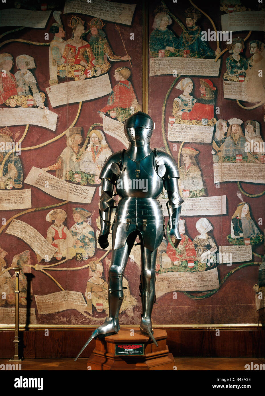 weapons / arms, defensive arms, armour, plate armour for Frederic I (the Victorious), Elector Palatine (1425 - 1476), by Inocenzo da Faerno, Tomaso and Antonio Missaglia, Milan, circa 1450, Habsburg family tree from 1497 in the background, Museum of Art History, Vienna, collection of arms and armour, Stock Photo