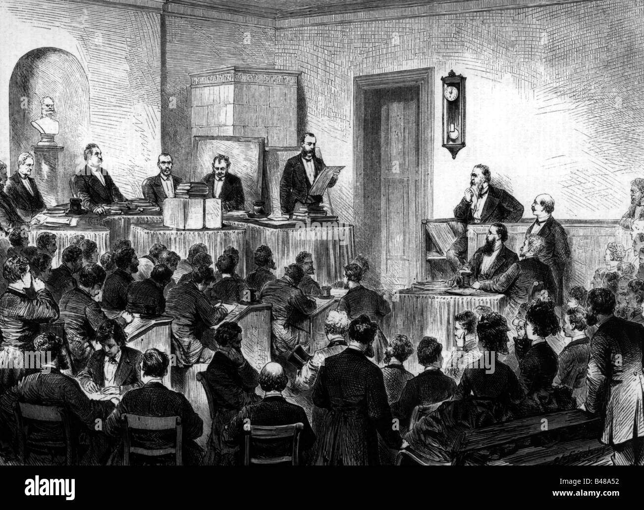 Arnim, Harry Earl, 3.10.1824 - 19.5.1881, German diplomat, court in case of office, 1875, reading of indictment by public prosecutor Hermann Tessendorf, wood engraving after drawing von Lüders, Stock Photo