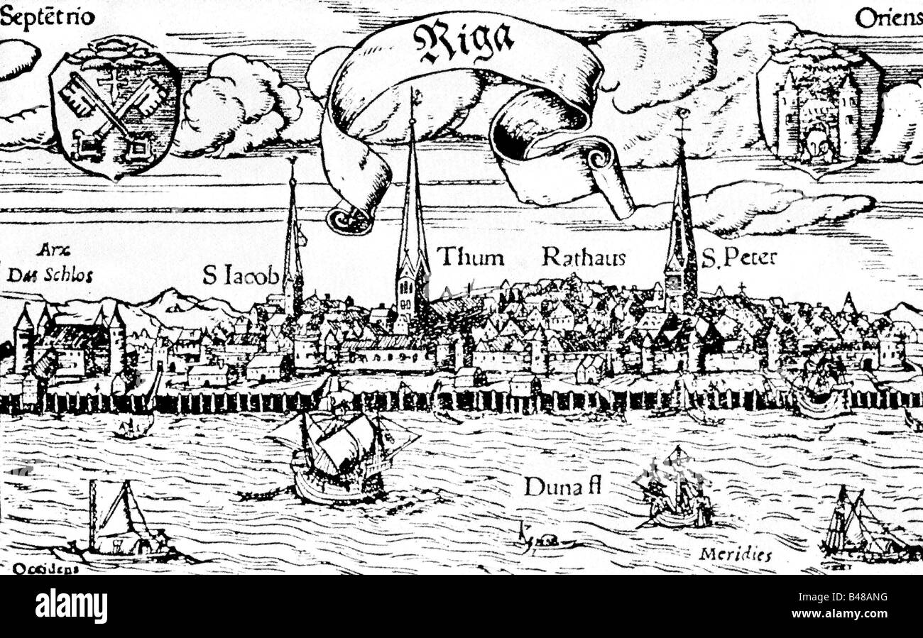 geography / travel, Latvia, Riga, city views / cityscapes, woodcut, circa 1540, historic, historical, Europe, 16th century, founded by german merchants under bishop Adalbert von Livland 1201, archibishopric since 1255, Teutonic Hanse, Hanse City 1282, Free Imperial Town 1561, to Poland 1582, river, coat of arms, city hall, church Saint Jacob & Saint Peter, mole, riverside, ships, traffic, navigation, trade, Baltic Sea, seaport, port, harbour, Baltic Sea, people, Stock Photo