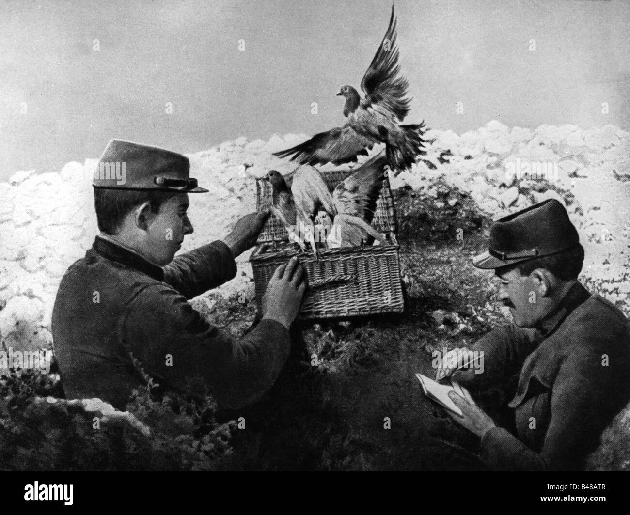 events, First World War / WWI, Western Front, French soldiers with carrier pigeons, 1914 / 1915, Stock Photo