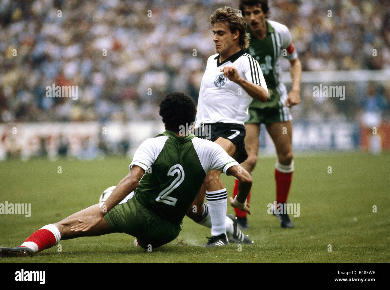 Sport / Sports, soccer, football, World Cup 1982, final round, Algeria against Germany (2:1) in Gijon, Spain, 16.6.1982, scene with Pierre Littbarski, match, historic, historical, 20th century, people, 1980s, Stock Photo