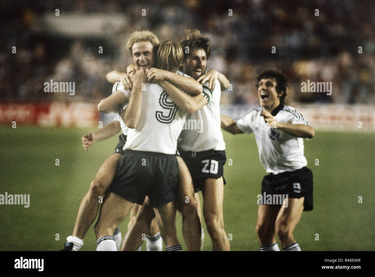 Sport / Sports, soccer, football, World Cup 1982, semifinal, Germany against France (8:7) in Seville, Spain, 8.7.1982, jubilation of the German team after victory, end, sudden-death, penalty, Horst Hrubesch, Karl-Heinz Rummenigge, Karlheinz, Karl Heinz, Hansi Müller, Karl-Heinz Förster, Forster, Foerster, match, historic, historical, 20th century, people, 1980s, Stock Photo