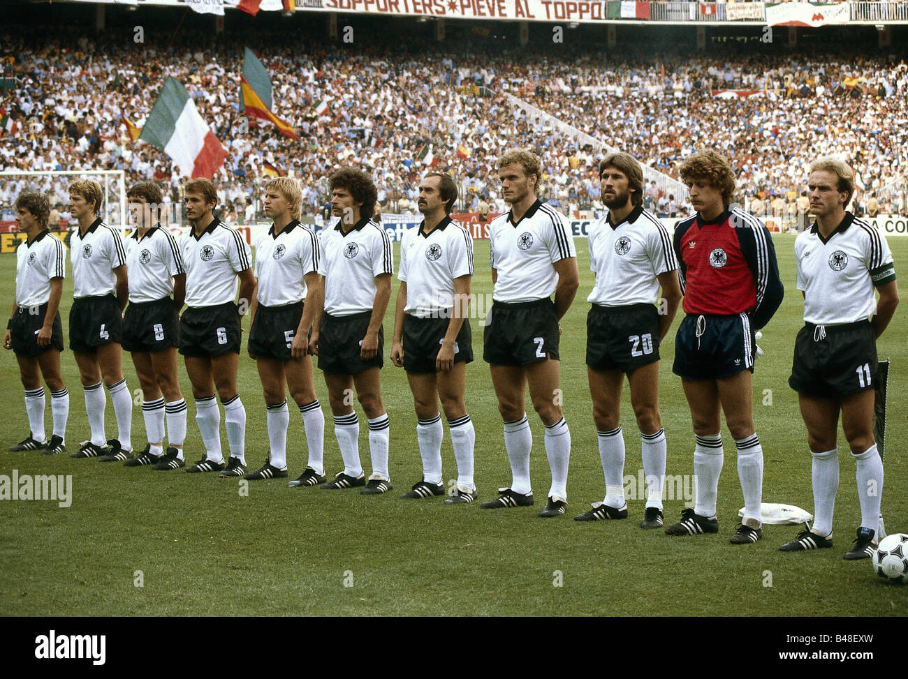 Sport / Sports, soccer, football, World Cup 1982, final, Italy against Germany, (3:1) in Madrid, Spain, 11.7.1982, German national team, final, list, team picture, from left to right: Pierre Littbarski, Klaus Fischer, Wolfgang Dremmler, Bernd Förster, Paul Breitner, Uli Stielike, Hans Peter Briegel, Manfred Kaltz, Harald Anton 'Toni' Schumacher, Karl-Heinz Rummenigge, Karlheinz, Karl Heinz, Hans, Peter, Forster, Foerster, Stock Photo