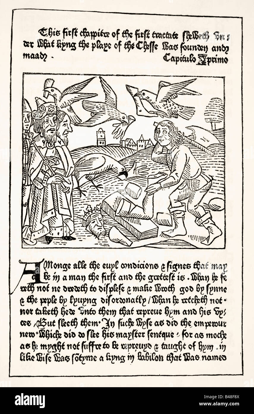 Page from the book The Game of the Chesse printed by William Caxton in 1480 Stock Photo