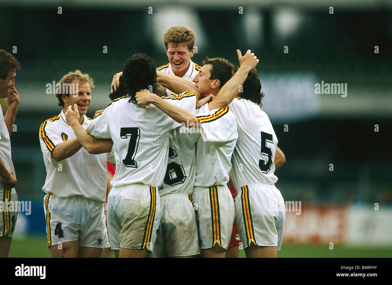 Sport / Sports, soccer, football, World Cup 1990, final round, group match, Belgium against South Korea, (2:0) in Verona, Italy, 12.6.1990, Belgian team, match, historic, historical, 20th century, people, 1990s, Stock Photo
