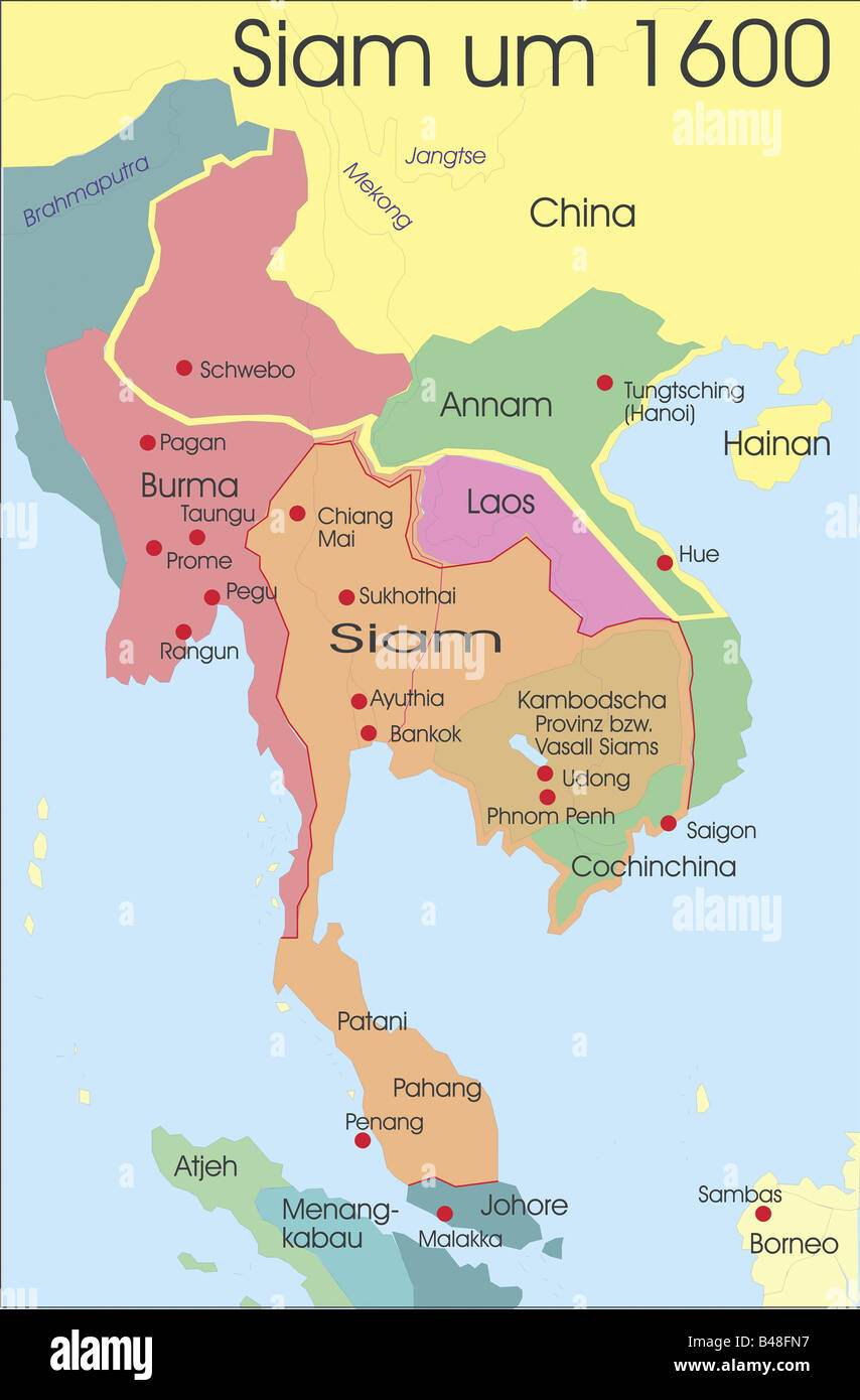 carthography, historical maps, modern times, South East Asia, Siam, circa 1600, Stock Photo
