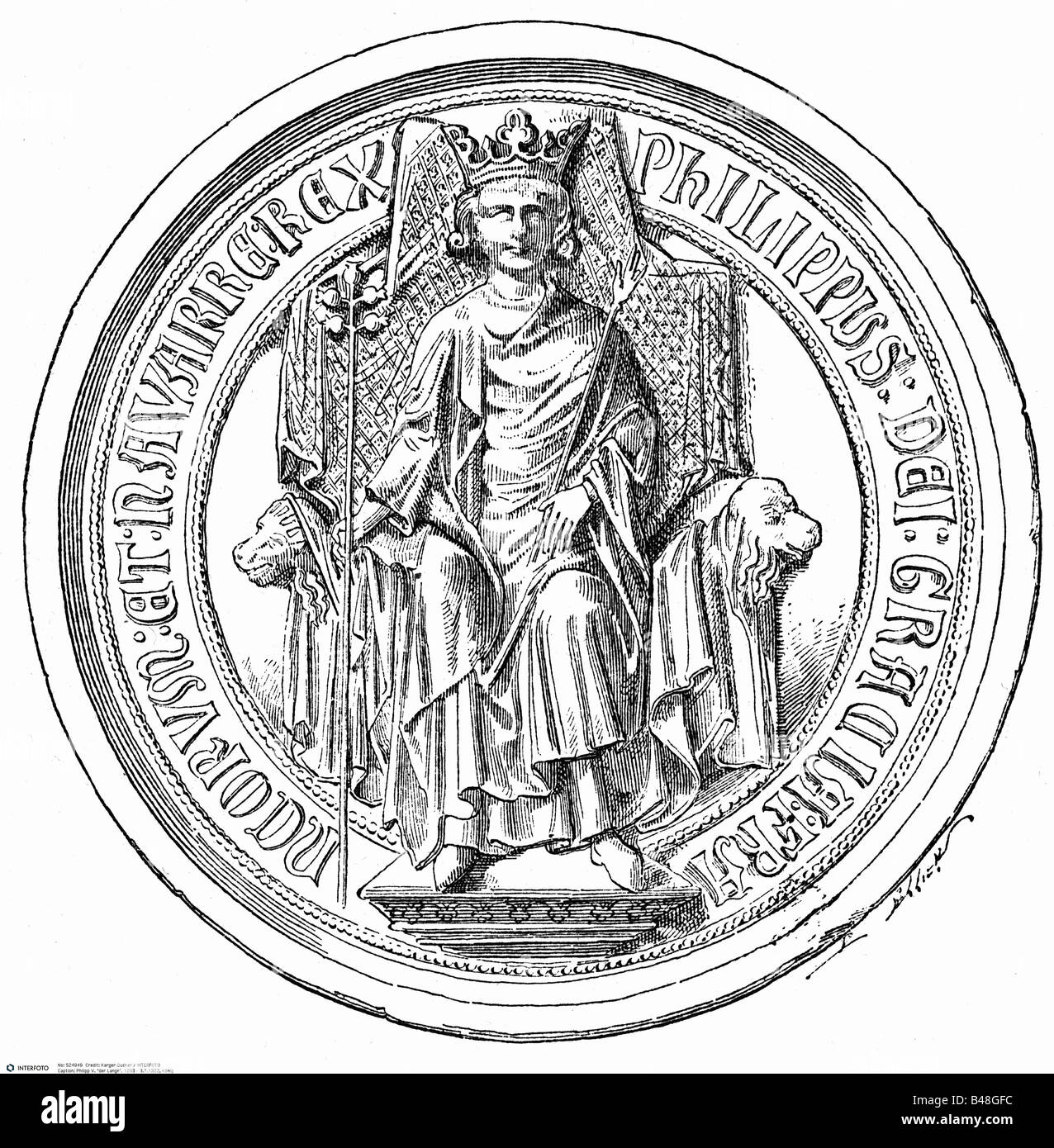 Philip V 'the Tall',  1293 - 3.1.1322, King of France 6.1.1317 - 3.1.1322, on the throne, wood engraving, 19th century, after seal, , Stock Photo
