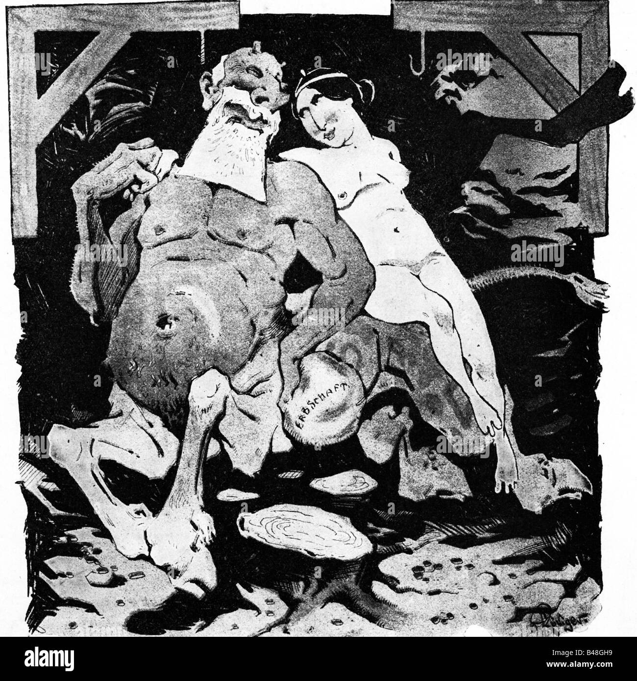 Leopold II, 9.4.1835 - 17.12.1909, King of Belgium 17.12.1865 - 17.12.1909, caricature, wirh his mistress Cleo de Merode, 'Cleopold', drawing by O. Ruediger, 'Der Dorfbarbier', 1905, , Stock Photo
