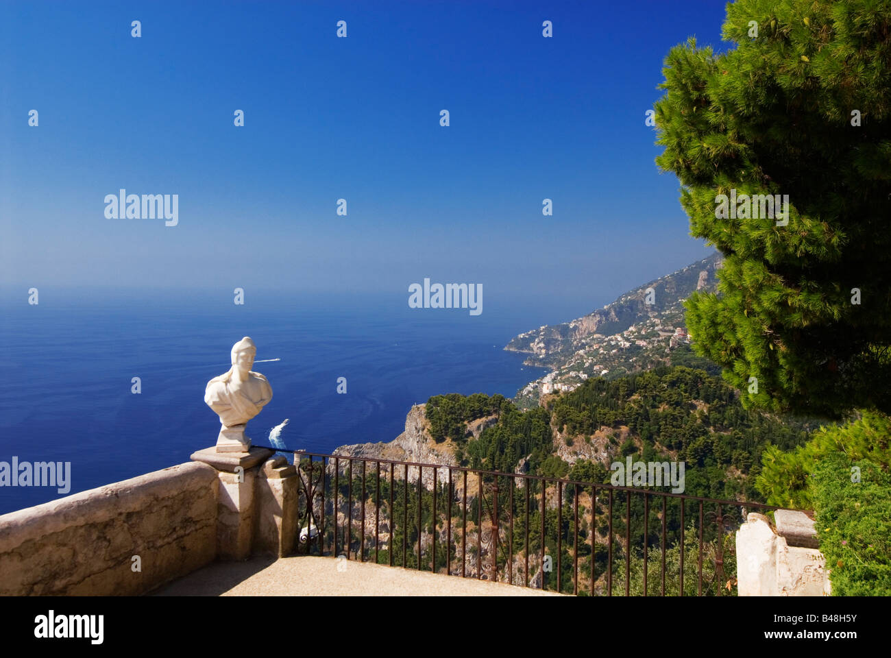 The terrace of Villa Cimbrone in Ravello Italy overlooking the blue  Mediterranean Sea Stock Photo