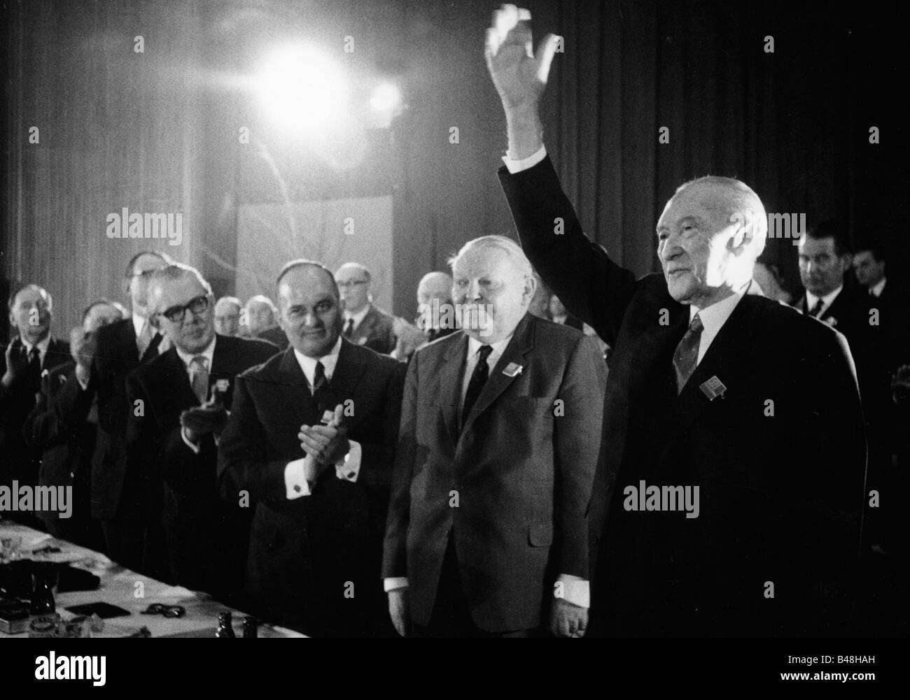 Adenauer, Konrad, 5.1.1876 - 19.4.1967, German politician (CDU) and statesman, Chancellor of Germany 1949 - 1963, half length, with Federal minister of Economy Ludwig Erhard, Rainer Barzel, 14th Federal Conference of the CDU party, Bonn, 21.3.1966 - 23.3.1966, Stock Photo