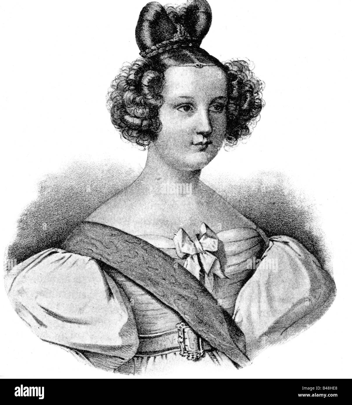 Maria II. 'da Gloria', 4.4.1819 - 15.11.1853, Queen of  Portugal 5.5.1826 - 30.6.1828 & 26.5.1834 - 15.11.1853, portrait, lithography by A. Kneißel after Cecilie Brand, 1833, Braganca, Mary, Kneissel, , Stock Photo