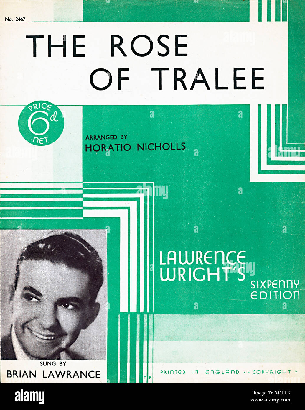Rose of Tralee music sheet cover for a 1939 version of the traditional Irish ballad sung by Brian Lawrence Stock Photo