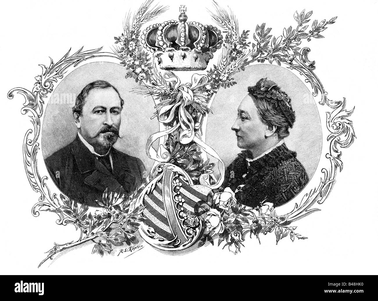 Ernest II, 21.6.1818 - 22.8.1893, Duke of Saxe-Corburg-Gotha  19.1.1844 - 22.8.1893, with wife Duchess Alexandrine, wood engraving, 19th century,  , Stock Photo