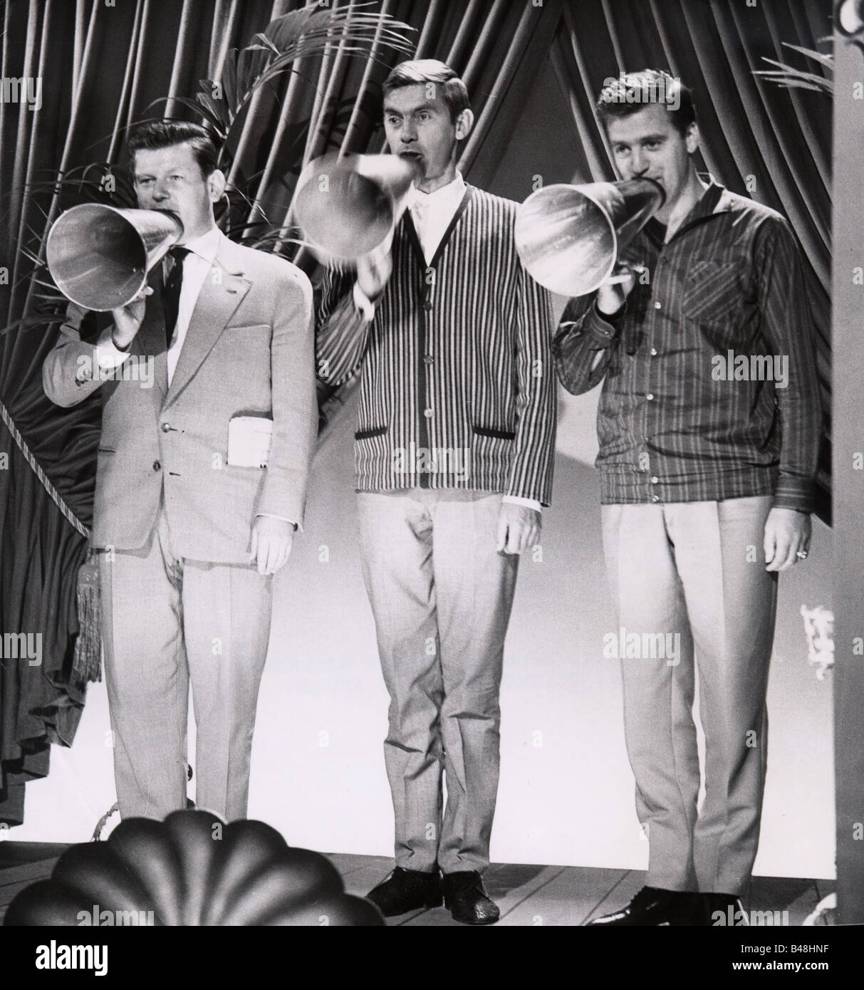 Cornel Trio, german music group, performance, TV Show 'Telebar', Berlin 20.12.1963, singing, megaphone, television show, Cornell, , Stock Photo