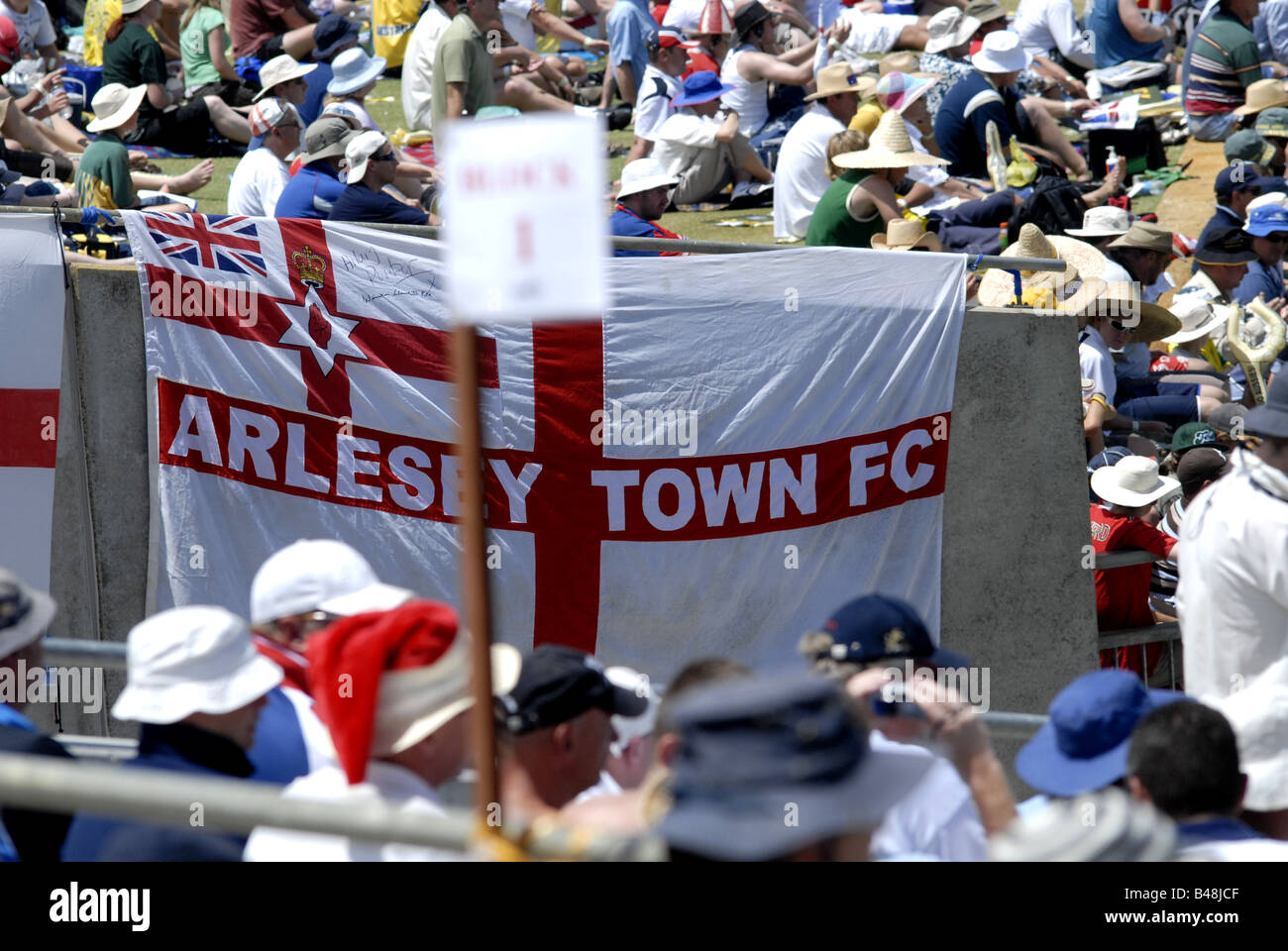 Arlesey Town FC banner at England versus Australia Cricket Match, Perth, Western Australia Stock Photo