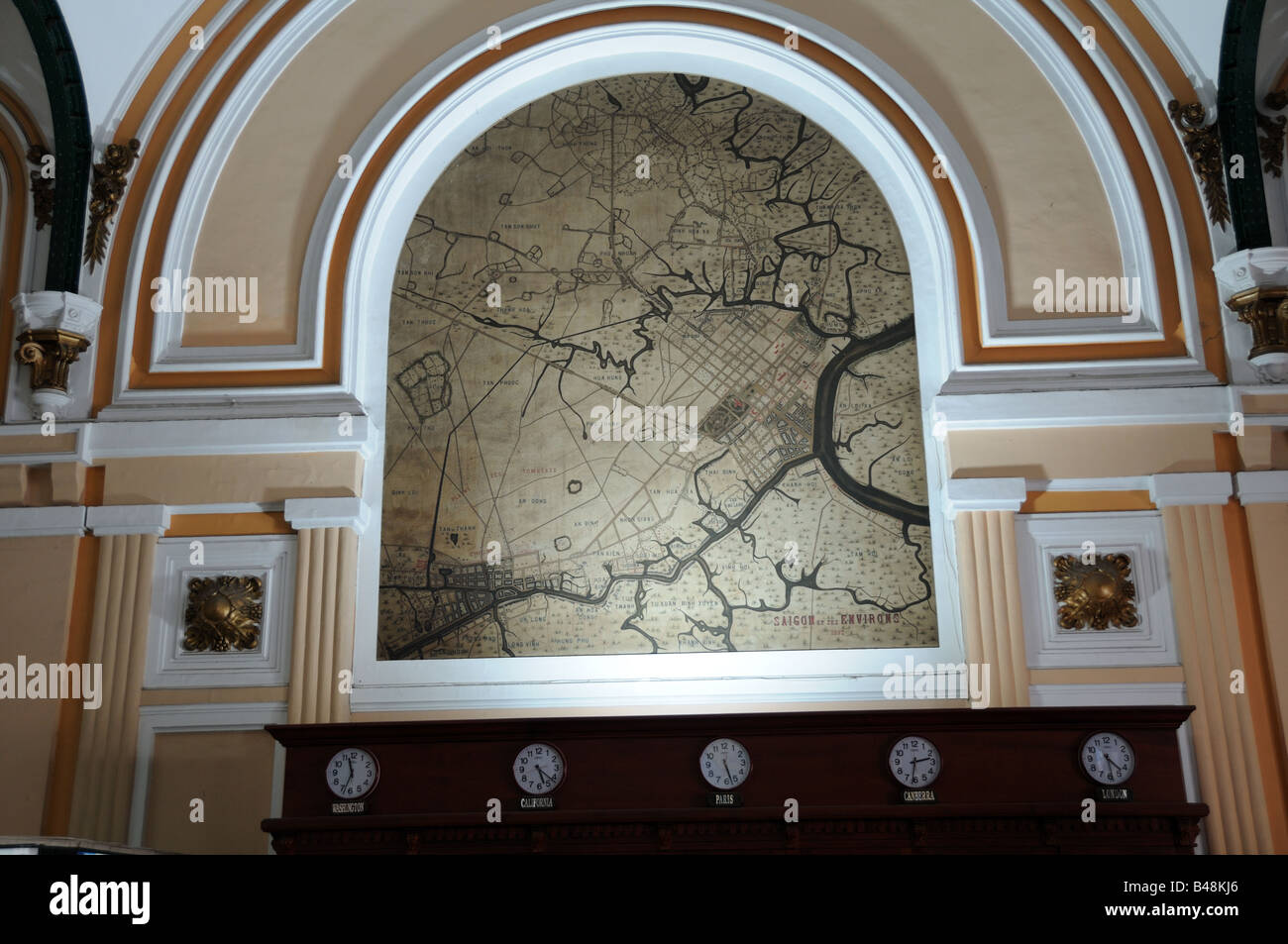 Old French colonial map on the interior wall of the Central Post Office Ho Chi Minh City Vietnam Stock Photo