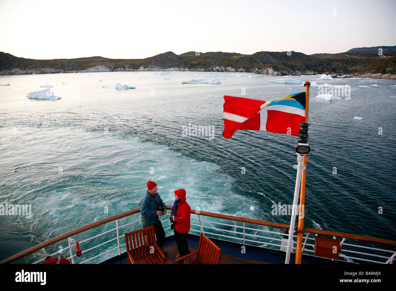 Aug 2008 - Tourist on a ship cruising at the Disko Bay Greenland Stock Photo