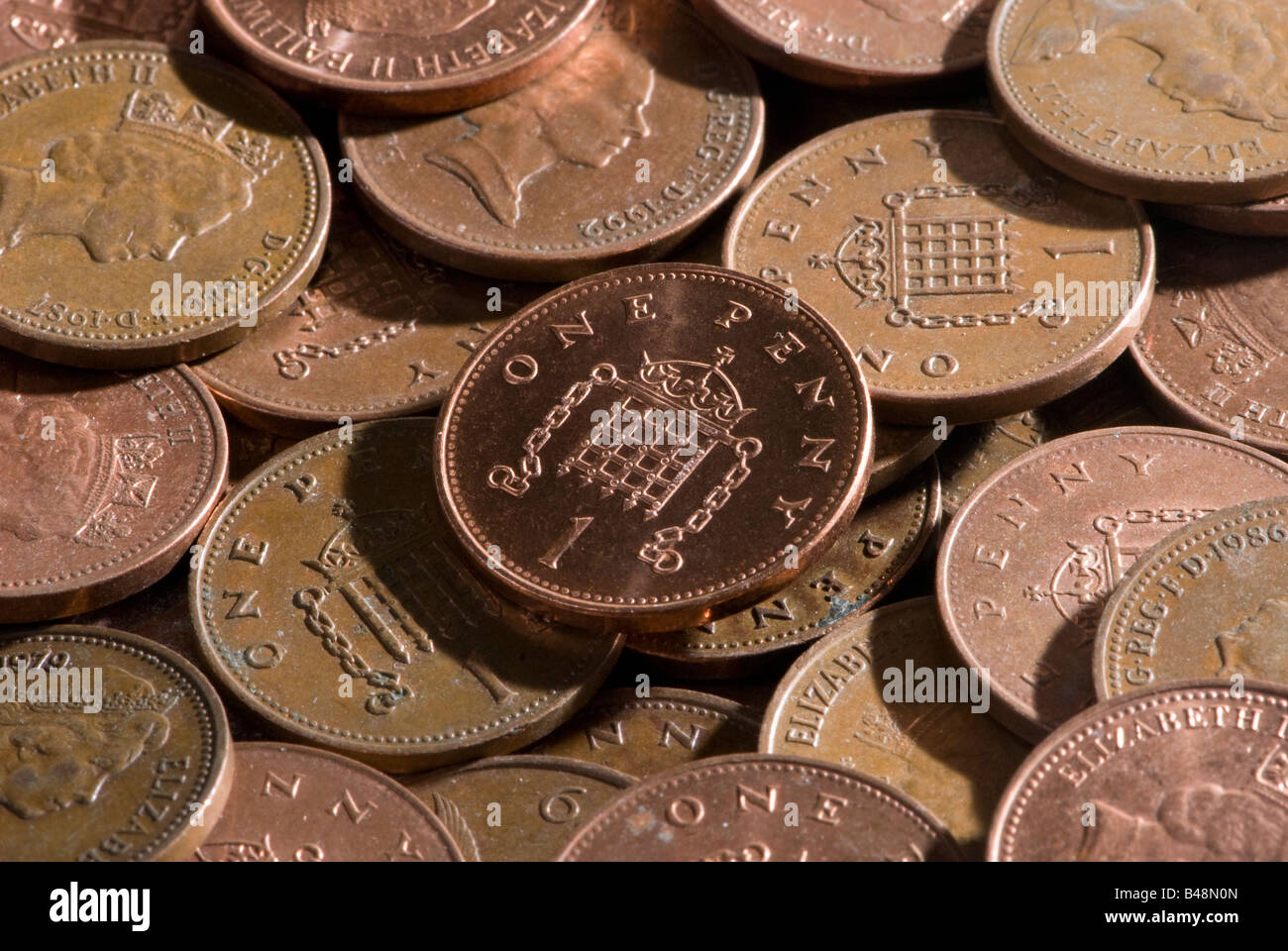 Stirling one penny coins. Stock Photo