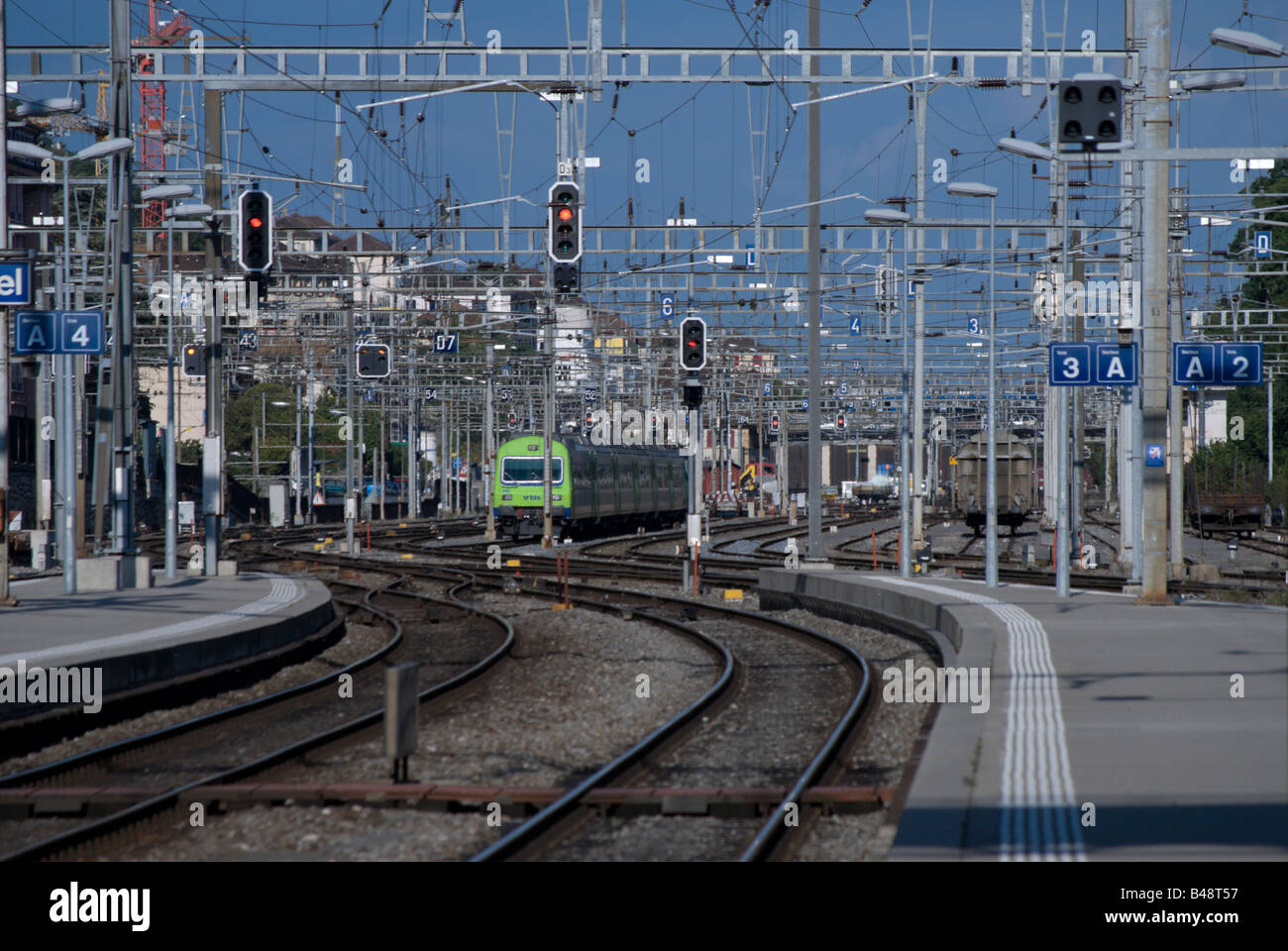 View of the train yard looking north-east from the train station in Neuchatel, Switzerland Stock Photo