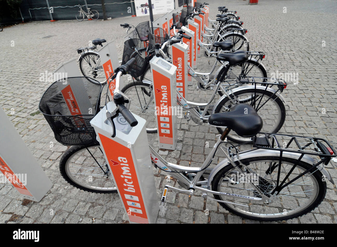 A bicycle for rent at a station for the "Bicimia" cycle rental scheme