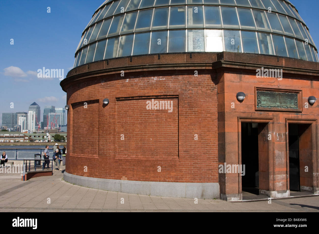 foot tunnel entrance canary wharf london docklands across the river thames from greenwich pier Stock Photo