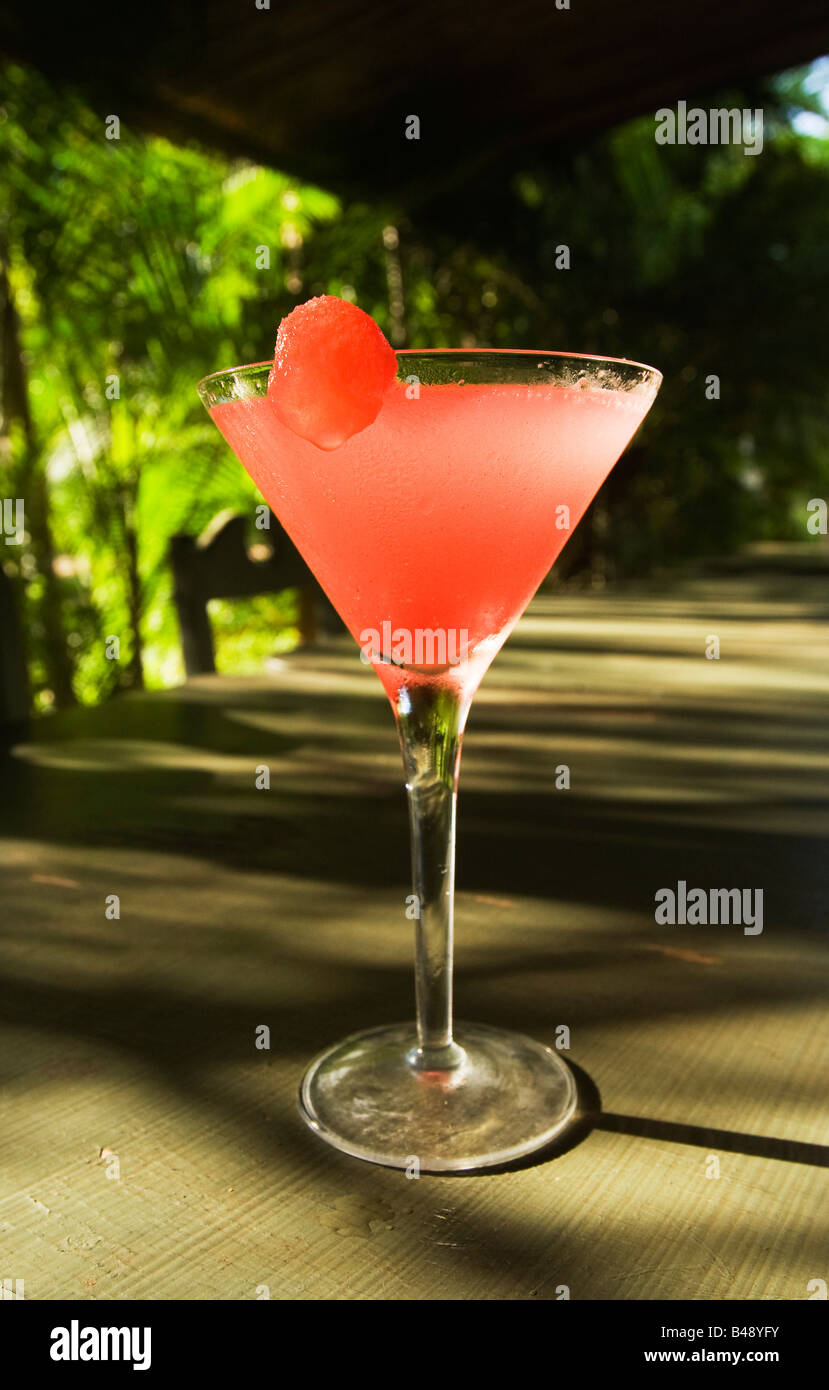 Alcoholic cocktail drink in a martini glass decorated with a melon in a tropical environment Stock Photo