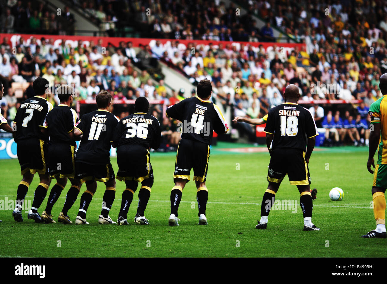 Football soccer team defending a free kick Stock Photo