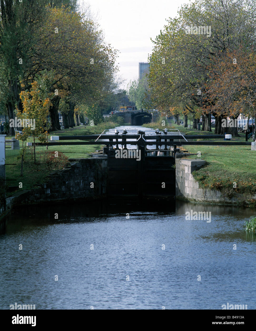 Grand Canal passing through Dublin, narrow waterway with closed lock