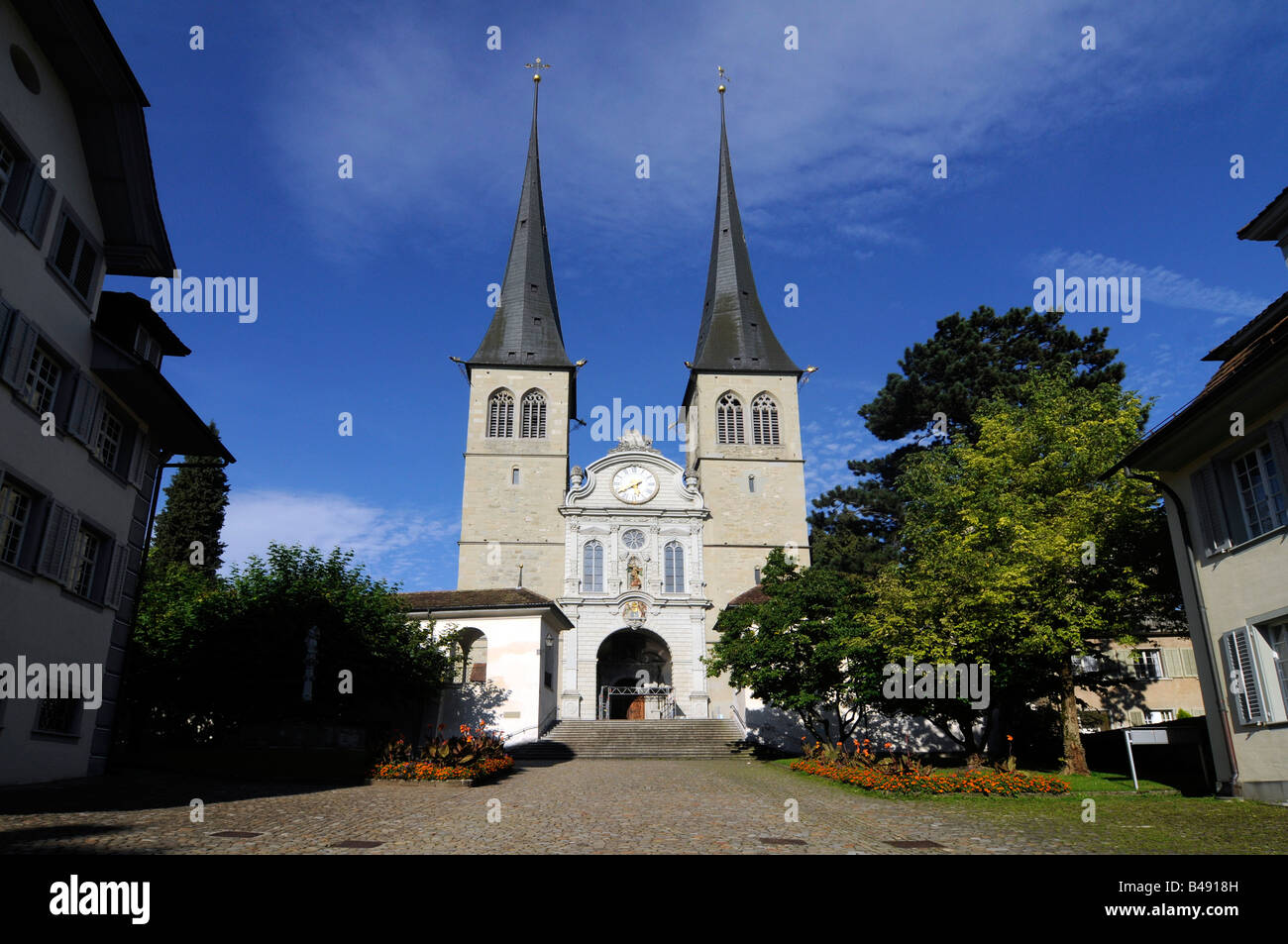 The Hof Church, one of the most beautiful church in Lucerne, central Switzerland. Stock Photo