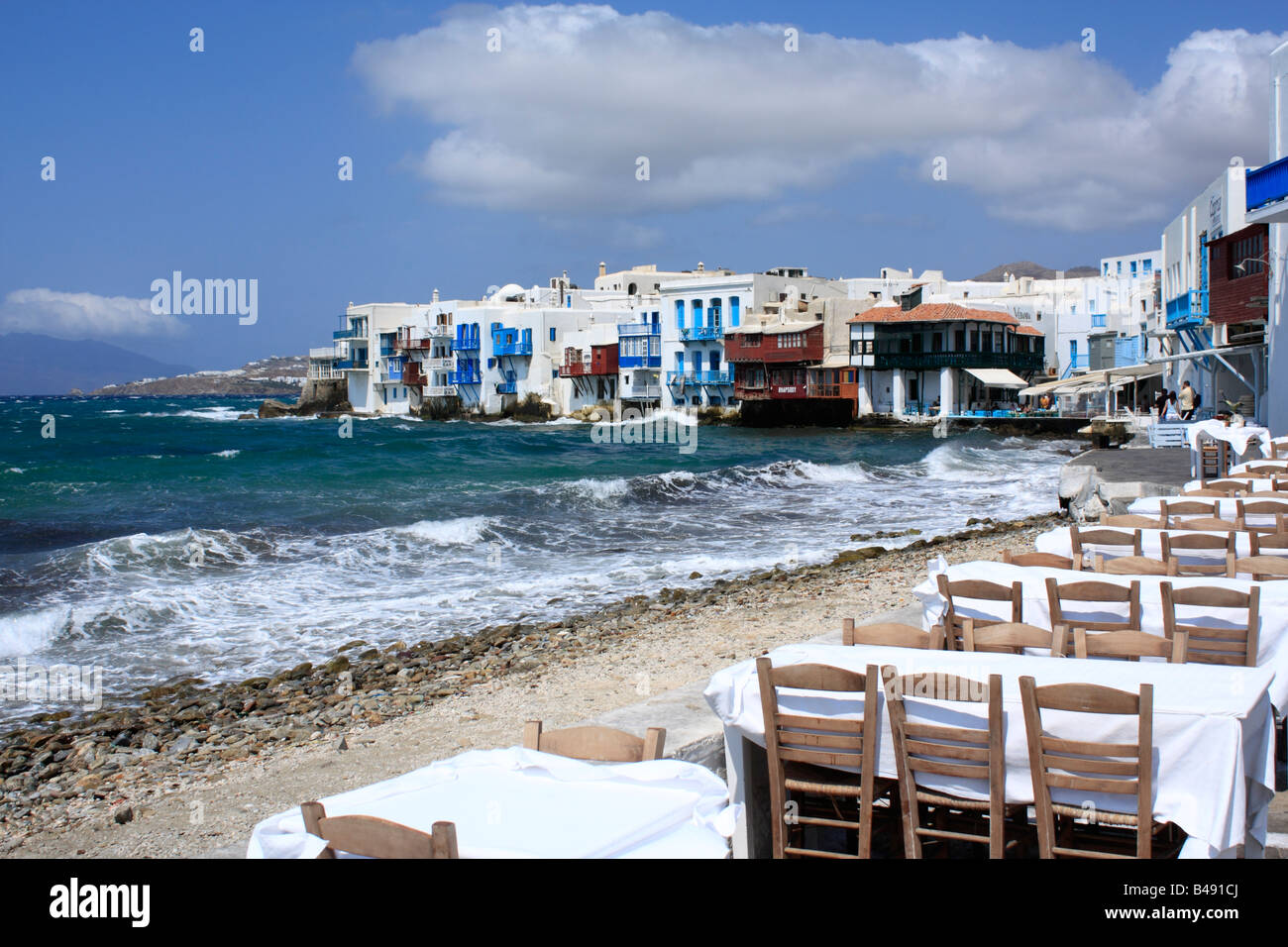 Little Venice Harbour Mykonos Cyclades Island Greece Stock Photo