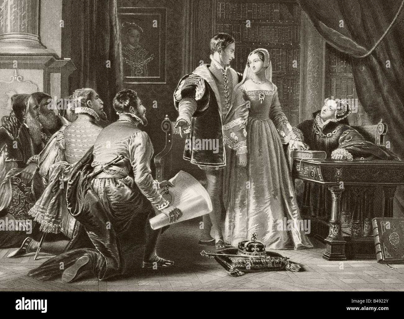 Lady Jane Grey's reluctance to accept the crown, Sion House, July 8th 1553. Lady Jane Grey, aka Lady Jane Dudley, 1537-1554. Stock Photo