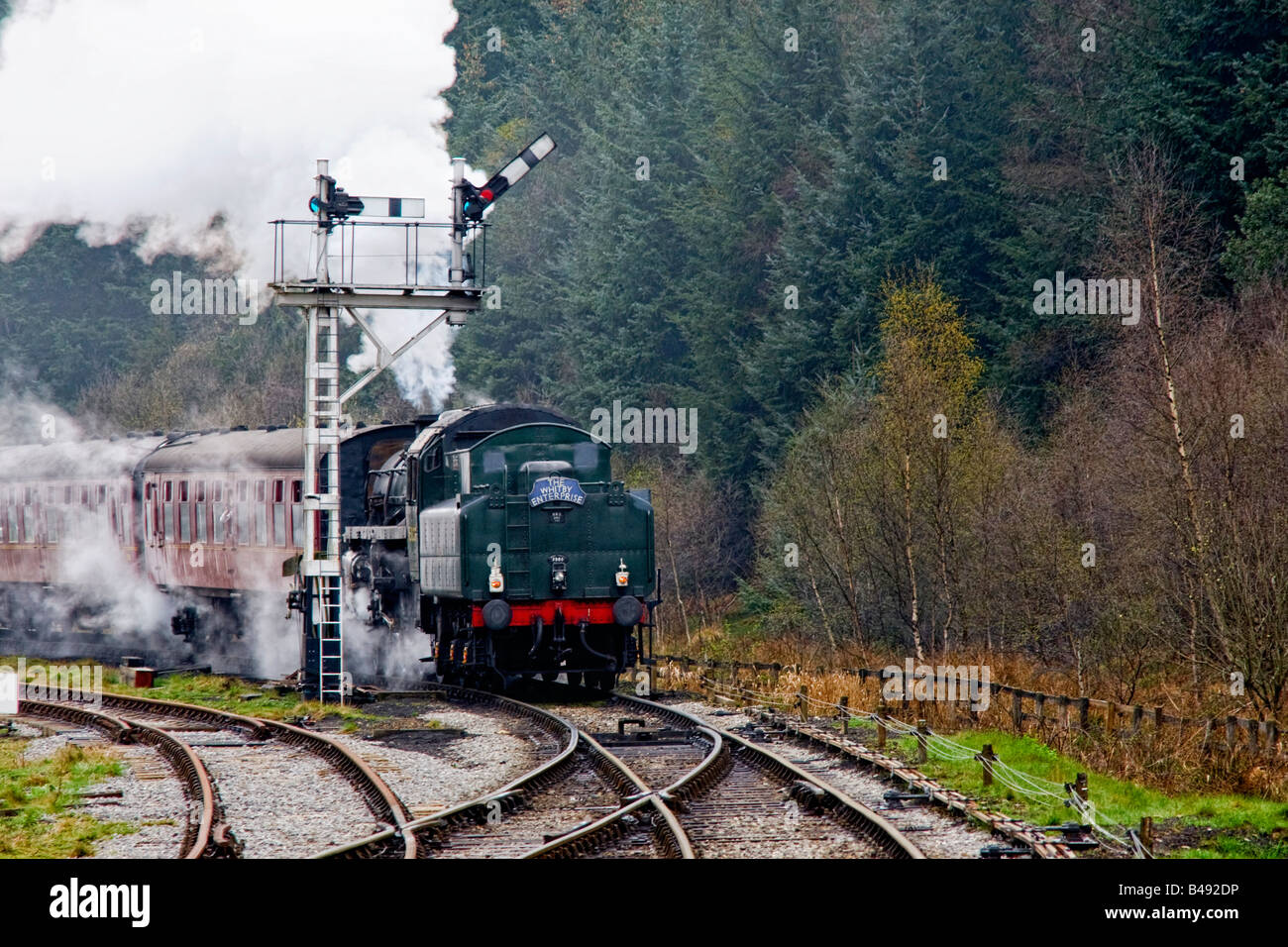 Train on railroad tracks, Grosmont, North Yorkshire, England Stock