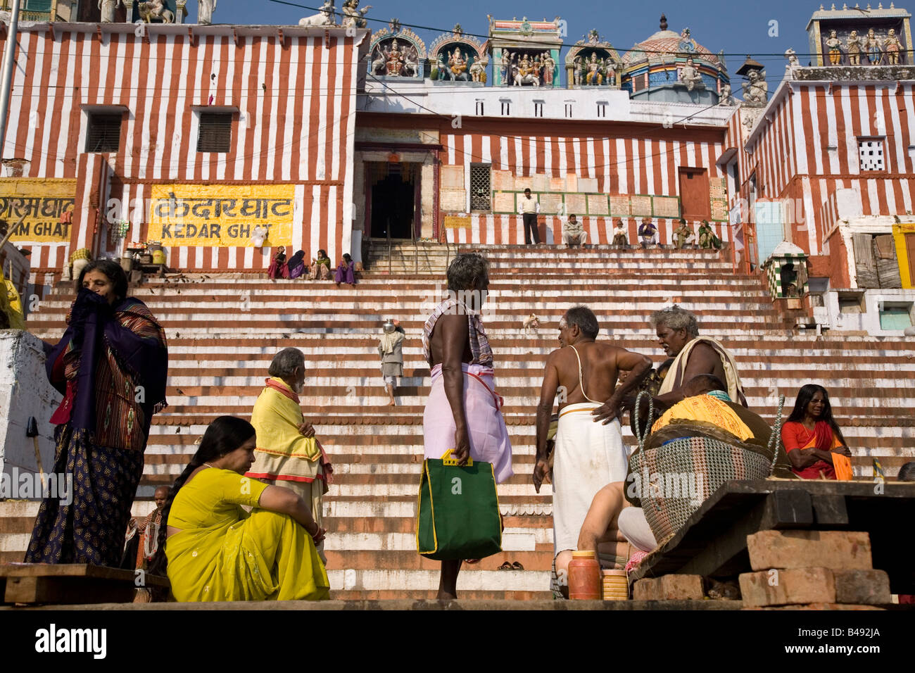 People gather on the ghats in the city of Varanasi, India. Stock Photo