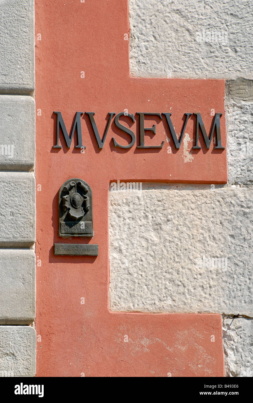 Detail of Facade of Battiala Lazzarini Palace Museum in Old Town Stari Grad of Labin Croatia Stock Photo