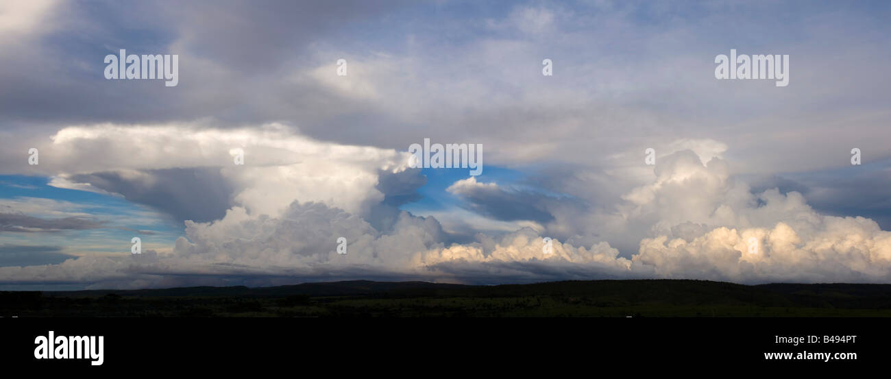 A 2 picture stitch panoramic of this mass of cumulonimbus clouds about 150 km north of Brasilia. Stock Photo