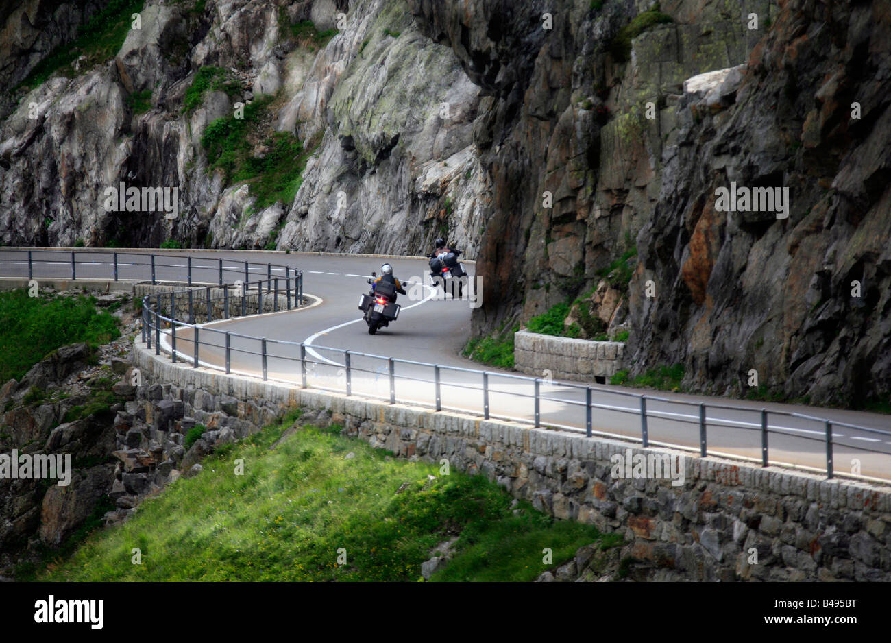 Motorcyclists on Sustenpass, Switzerland Stock Photo