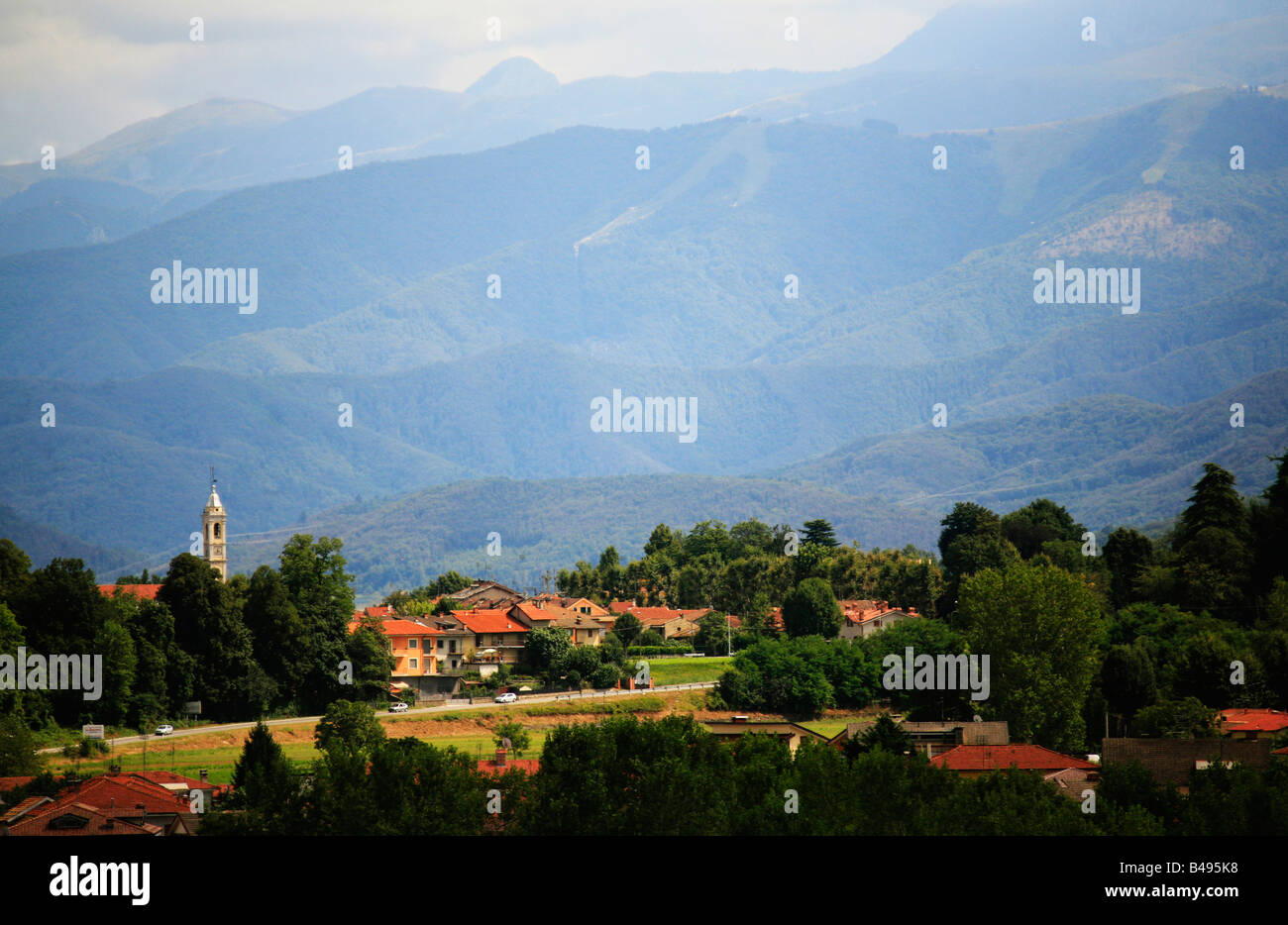 Rural village near Cuneo Piemonte Italy looking toward Maritime Alps Stock Photo