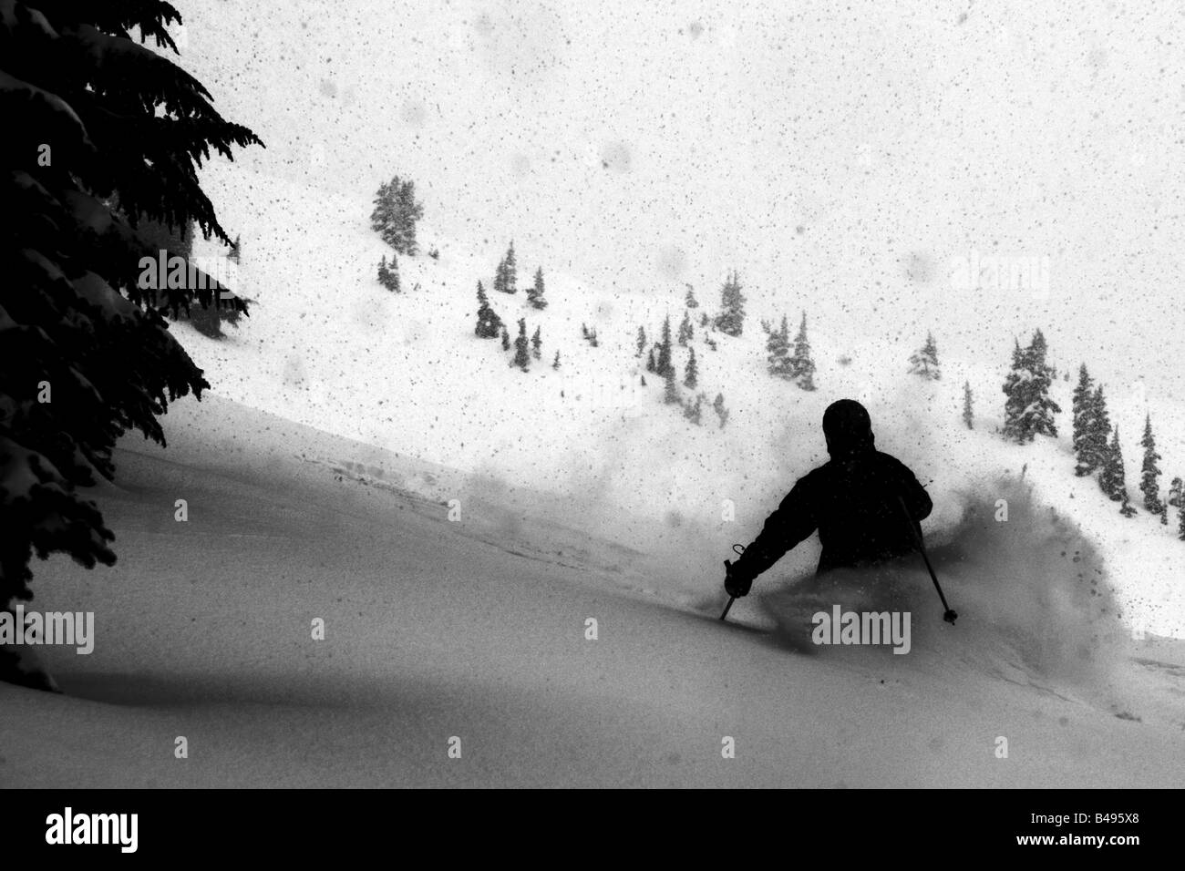 A silhouetted man skiing in deep poder snow during a snow storm Stock Photo