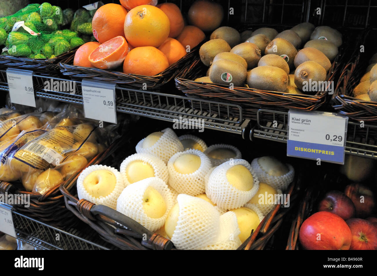 Fruit and vegetables for sale in a supermarket in Soll in Austria Stock Photo