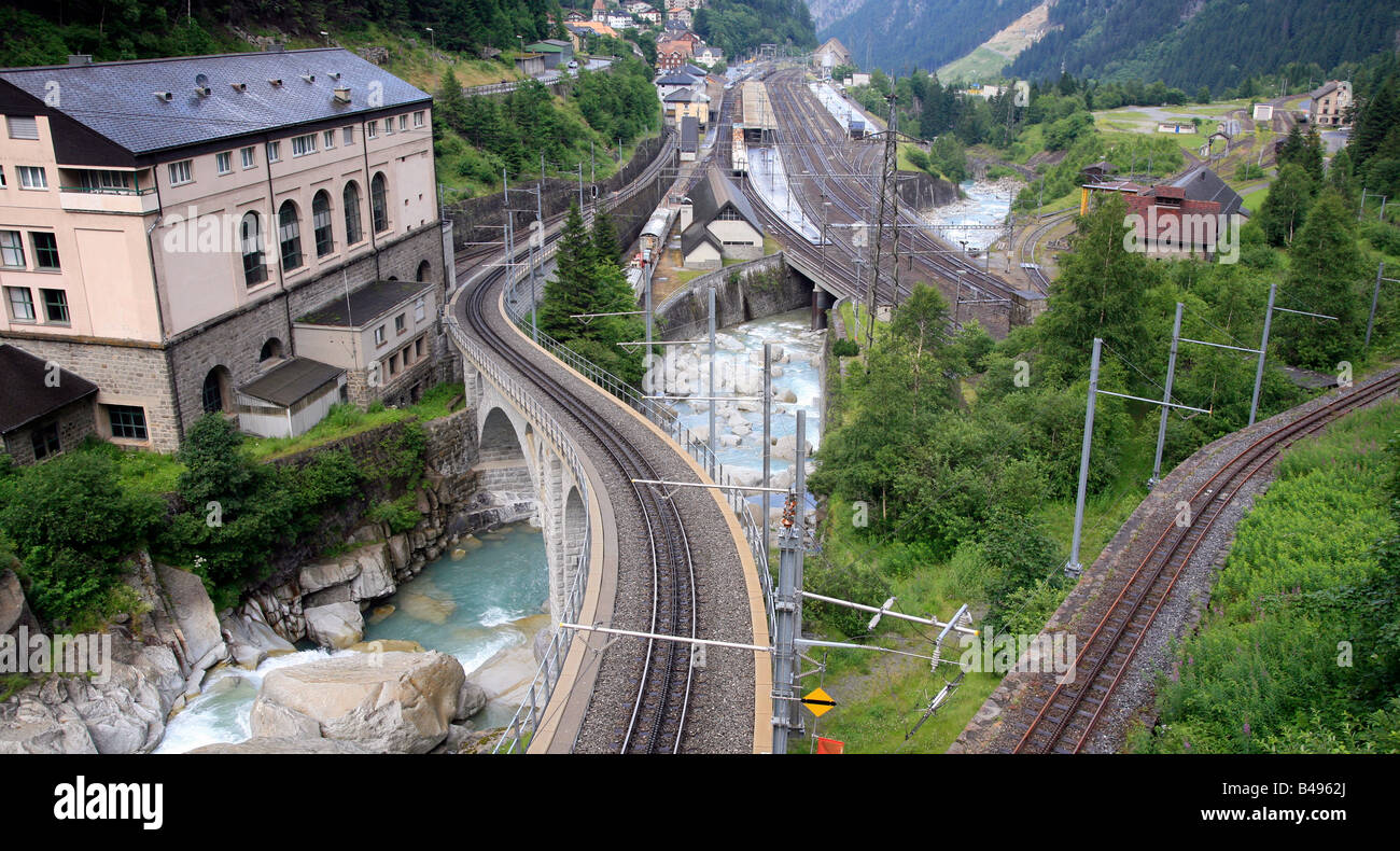 Swiss train junction near Wassen, at the bottom of the Furkapass Stock Photo