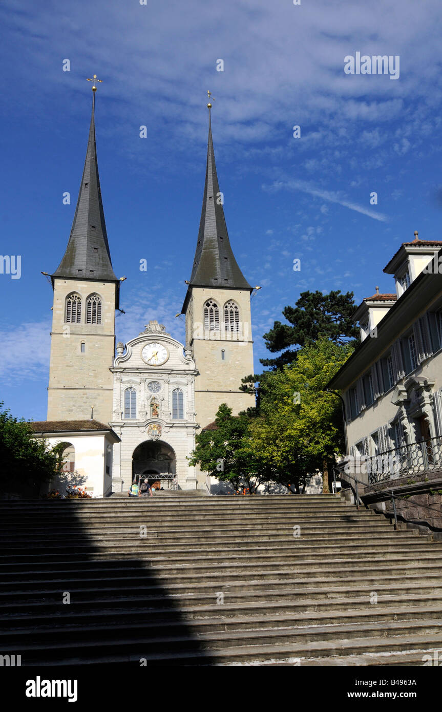 The Hof Church, one of the most beautiful church in Lucerne, central Switzerland. Stock Photo